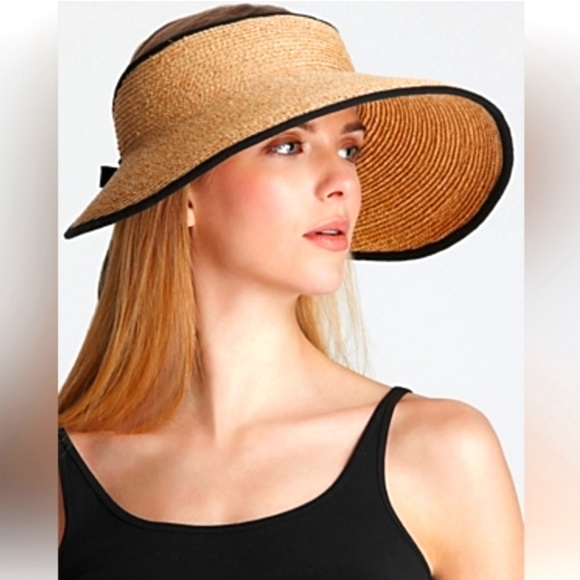 Helen Kaminski Mita packable Raffia Visor with black trim, elastic back - Picture 1 of 16